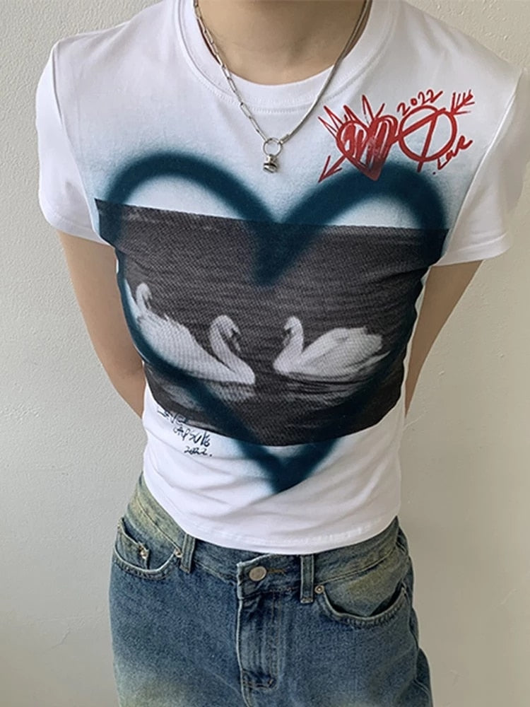 E-girl Love Tops Women Y2k Graphic T Shirt Short Sleeve White Crop
