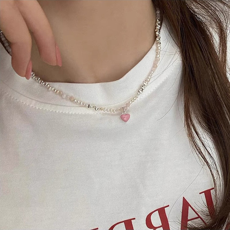 Necklace Pearls Heart Pink | Pink Pendant Necklace Pearls | Pearl Pink