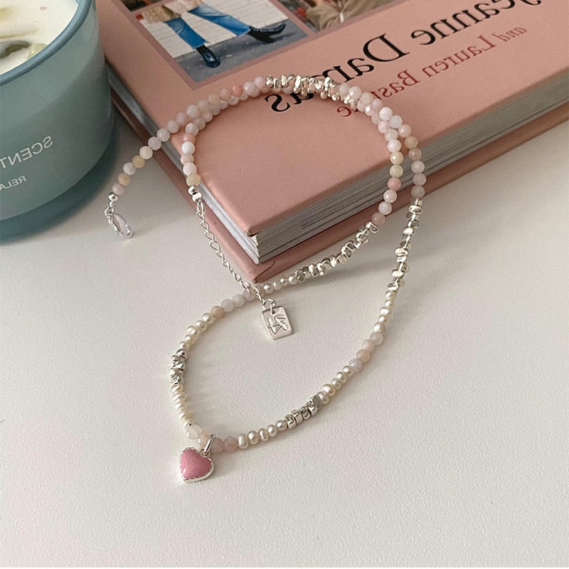 Necklace Pearls Heart Pink | Pink Pendant Necklace Pearls | Pearl Pink