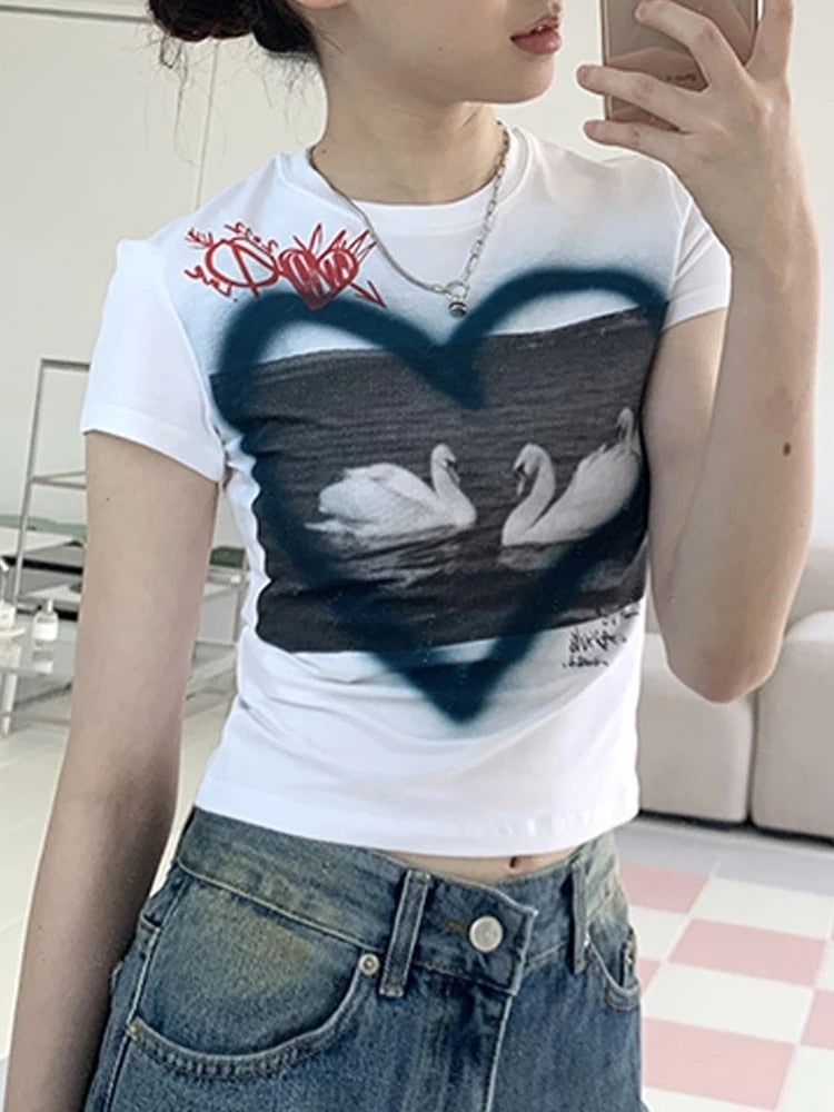 E-girl Love Tops Women Y2k Graphic T Shirt Short Sleeve White Crop