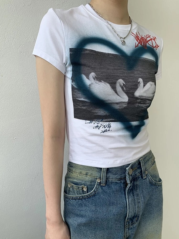 E-girl Love Tops Women Y2k Graphic T Shirt Short Sleeve White Crop
