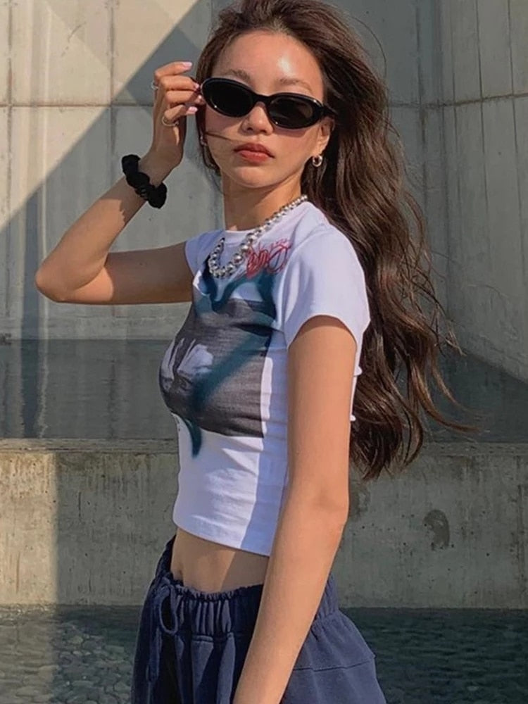 E-girl Love Tops Women Y2k Graphic T Shirt Short Sleeve White Crop