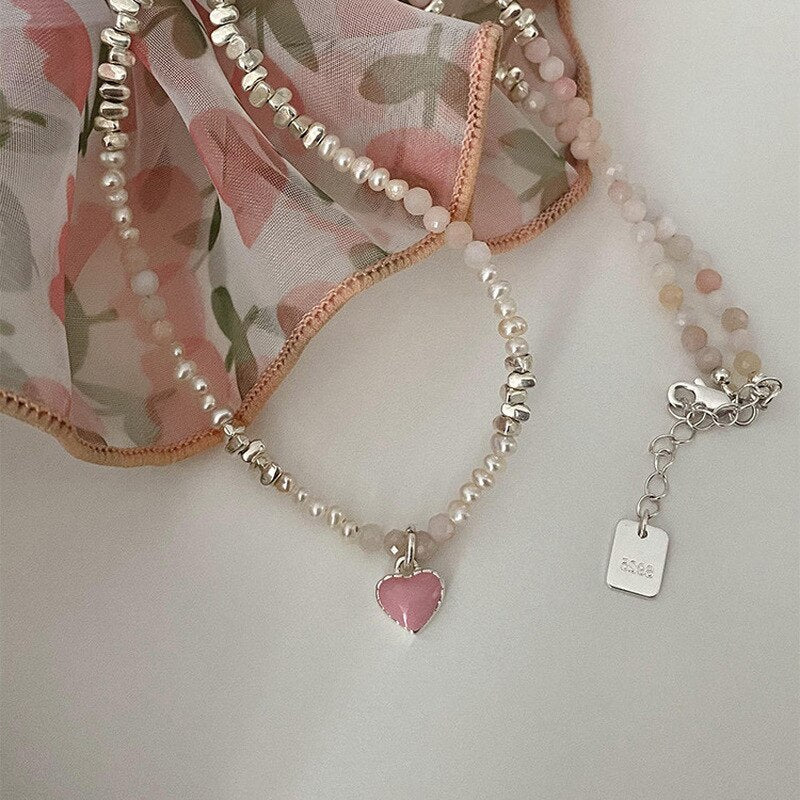 Necklace Pearls Heart Pink | Pink Pendant Necklace Pearls | Pearl Pink