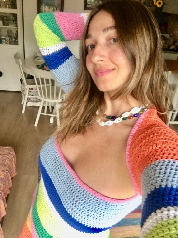 Bright Stripe Crochet Mini Dress