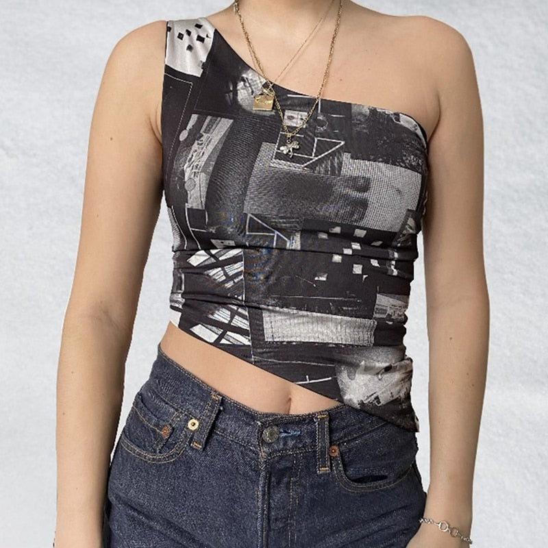 HARAJUKU 90s ASYMMETRY Printed Top